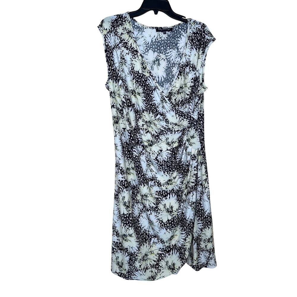 Mlle Gabrielle Black & White Floral Print Semi Wrap Dress XL Knee Length
